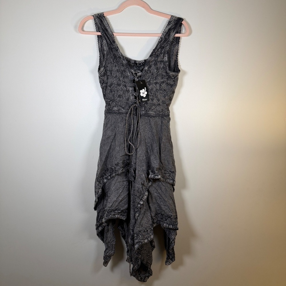 Flower Acid Wash Grey Embroidered Handkerchief Hem Lace Up Corset Dress OS